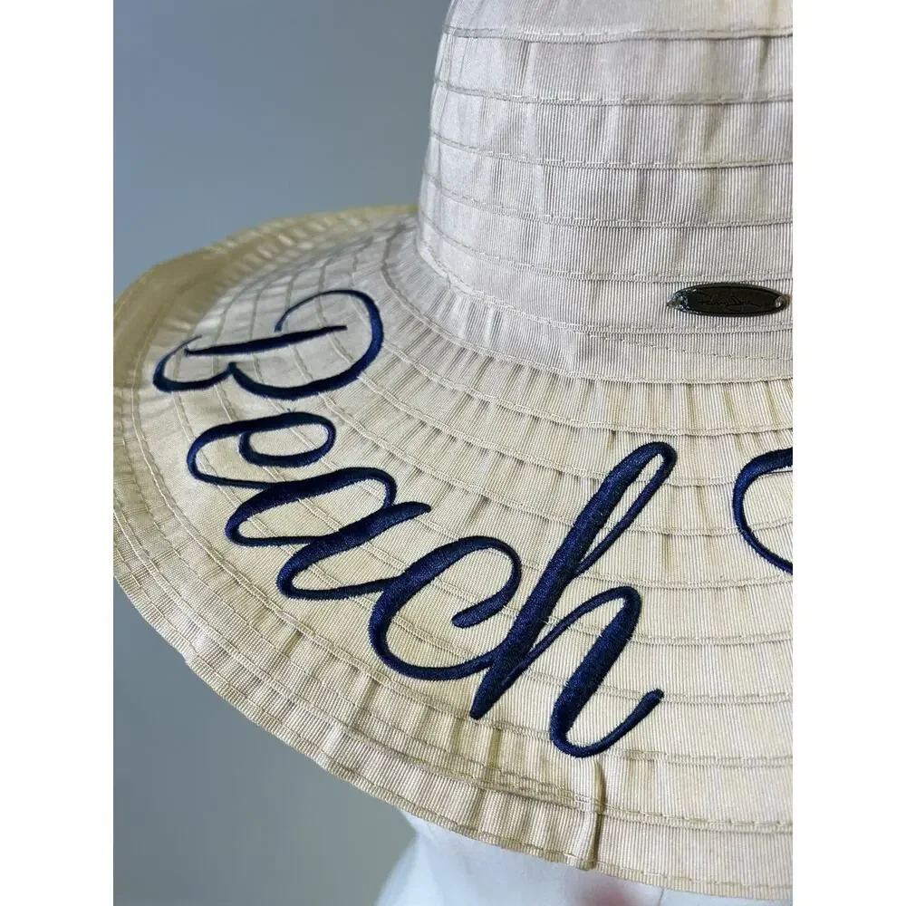 Panama Jack Wide Floppy Brim Straw Polyester Sun Hat Beige‎ White Beach Pool